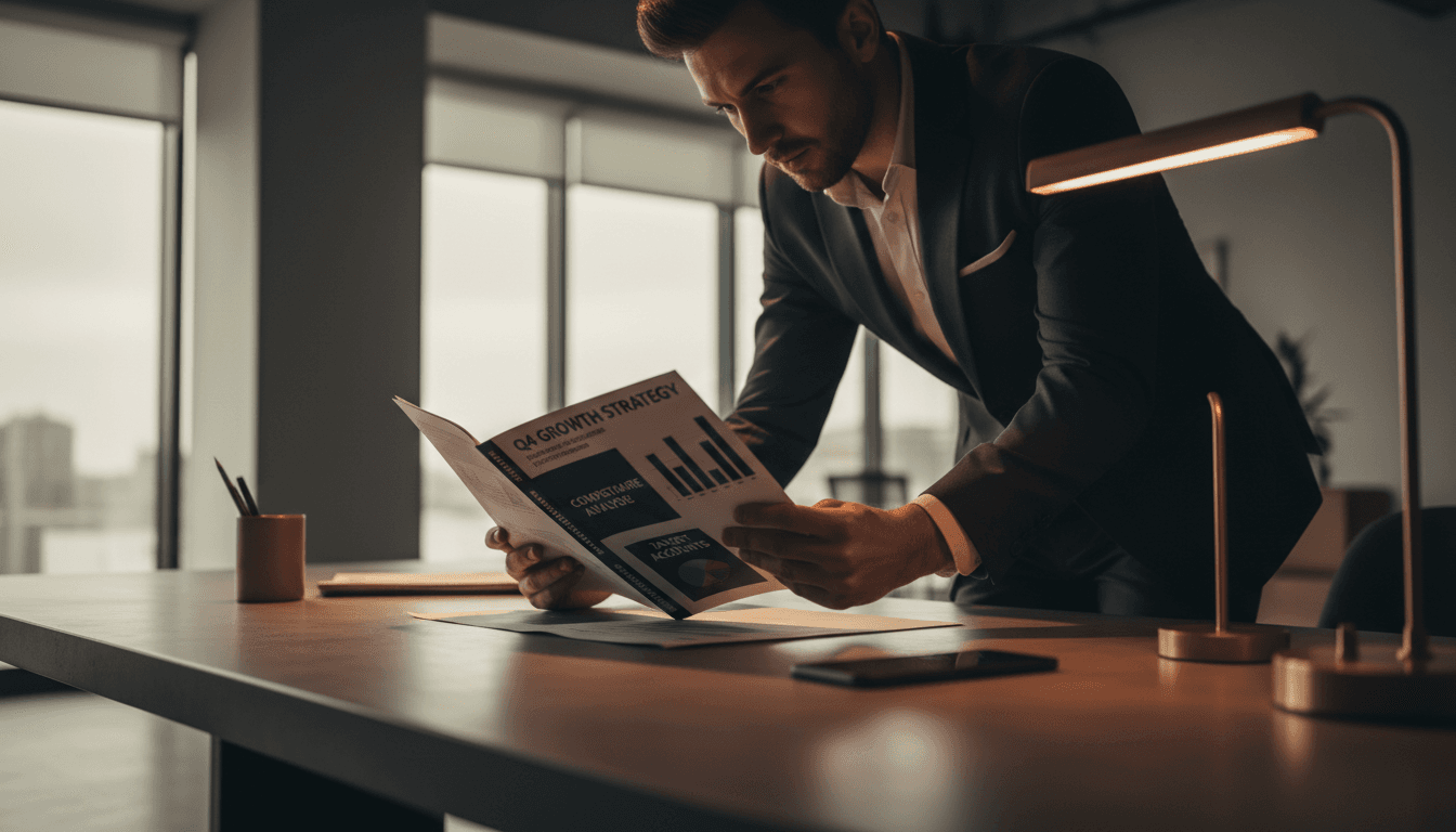 Revenue leader reviewing competitive intelligence on a professional dossier
