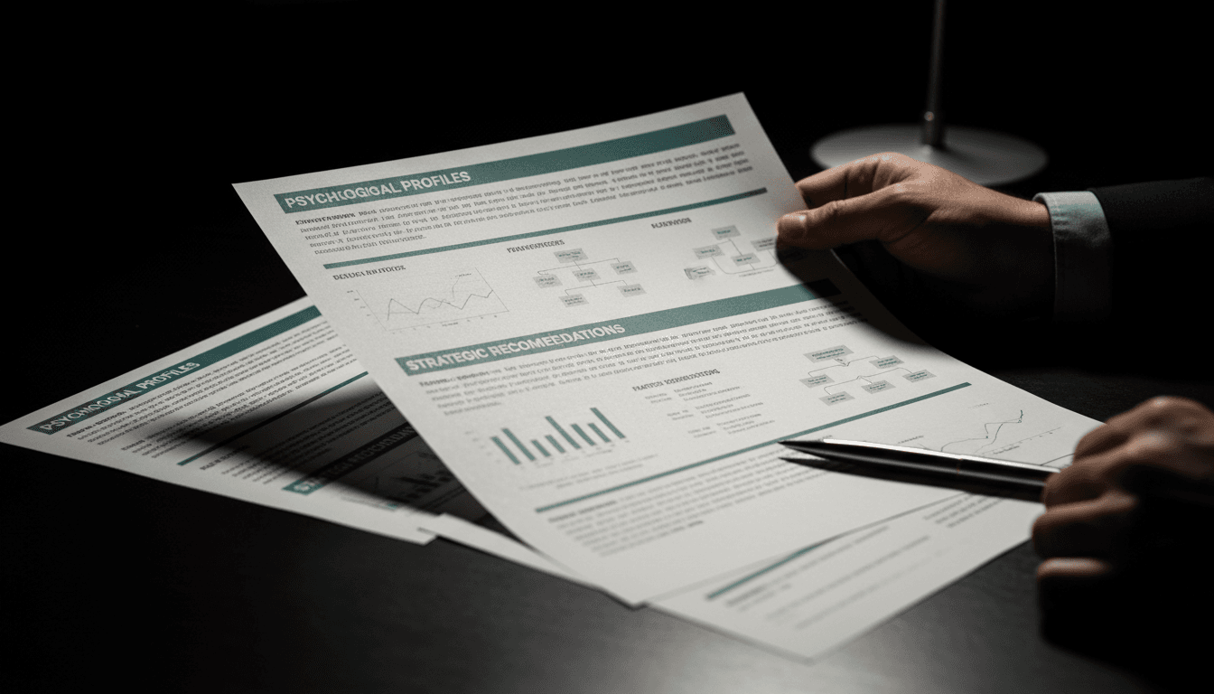 Intelligence report with psychological profiling and strategy recommendations on a professional desk