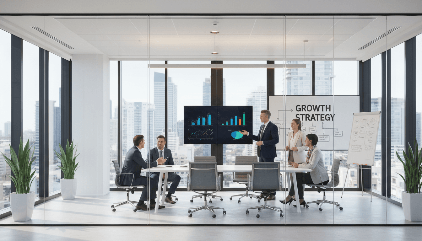 Two revenue leaders in strategic conversation at a modern glass table during a business meeting