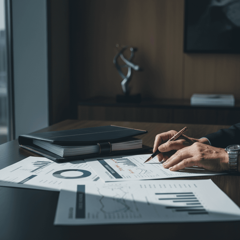 Executive reviewing VERTEX intelligence dossier at desk