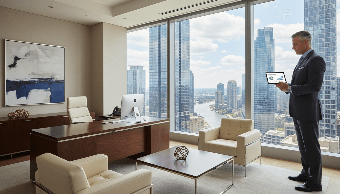 Executive reviewing strategy documents in a modern conference room with city views
